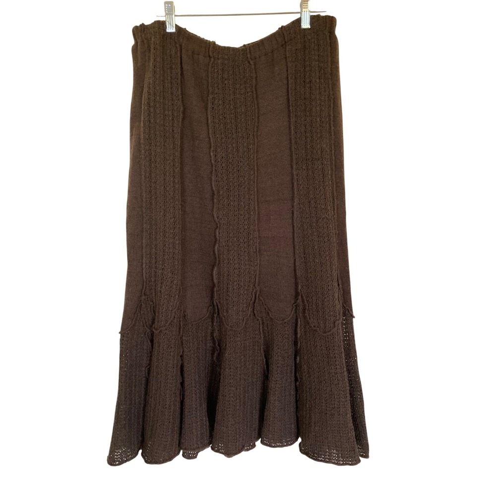 Coldwater Creek Brown Knit Midi Skirt Elastic Waist Ruffle Hem Boho Medium